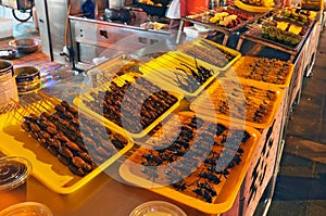 Food at the Donghuamen Night Market near Wangfujing Street in Beijing, China
