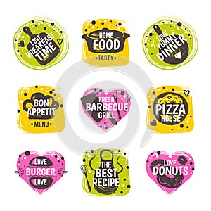 Food doodle logo. Cafe cooking badge, hand drawn restaurant menu label template, bistro lunch typography. Vector design
