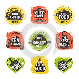 Food doodle logo. Restaurant kitchen badge, cafe cooking menu typography, bistro gastronomy recipe. Vector hand drawn