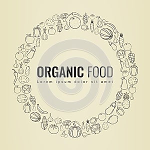 Food and Drink background. Organic food. Fruits and vegetables. Healthy eating concept. Vector