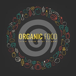 Food and Drink background. Organic food. Fruits and vegetables. Healthy eating concept. Vector