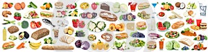 Food and drink collection background collage healthy eating fruits vegetables banner fruit drinks isolated