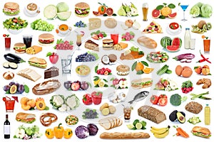 Food and drink collection background collage healthy eating fruits vegetables fruit drinks isolated