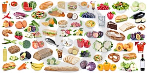 Food and drink collection background collage healthy eating panorama fruits vegetables fruit drinks isolated