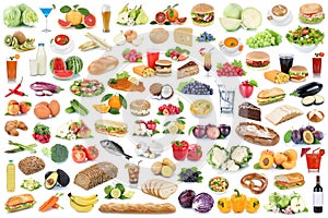 Food and drink collection collage healthy eating fruits vegetables fruit drinks isolated