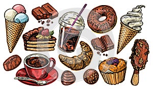 Sweet Dessert set. Food and Drink collection for restaurant or cafe menu. Color vector illustration