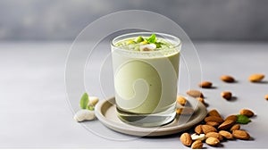 Food and drink, healthy lifestyle, diet and nutrition concept. Green smoothie with organic almond nuts. Top view flat