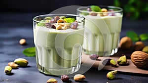 Food and drink, healthy lifestyle, diet and nutrition concept. Green smoothie with organic almond nuts. Top view flat