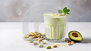 Food and drink, healthy lifestyle, diet and nutrition concept. Green smoothie with organic almond nuts. Top view flat