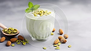 Food and drink, healthy lifestyle, diet and nutrition concept. Green smoothie with organic almond nuts. Top view flat