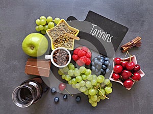 Food and drink high in tannins. Natural products containing tannins and tannic acid, a type of polyphenol. Healthy diet concept