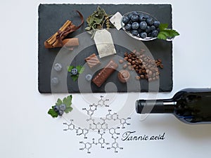 Food and drink high in tannins. Natural products containing tannins, a type of polyphenol. Chemical formula of tannic acid