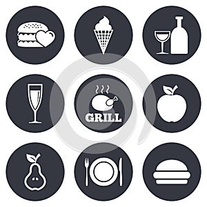 Food, drink icons. Alcohol and burger signs