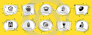 Food and drink icons set. Included icon as Coffee maker, Beans, Water bottle signs. Vector