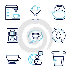 Food and drink icons set. Included icon as Cooking beaker, Cappuccino, Refill water signs. Vector