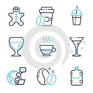 Food and drink icons set. Included icon as Cooler bottle, Wine glass, Coffee beans signs. Vector