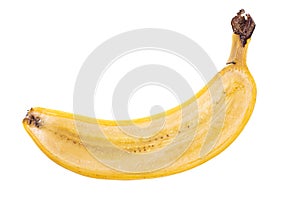 Lengthwise cutted halfed yellow banana fruit with peel isolated on white background photo