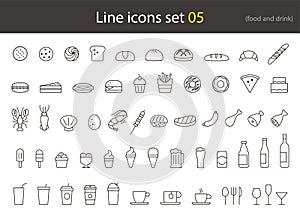 Food and drink line icon set, breakfast, cake, meal, vector illustration