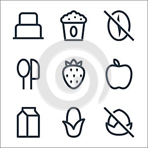 food drink line icons. linear set. quality vector line set such as nut free, corn, milk, apple, strawberry, cutlery, decaf,