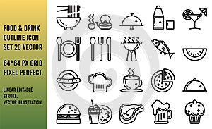 Food and drink outline icon set. 64*64 pixel Grid Pixel Perfect. Linear Editable Stroke. Vector Illustration.