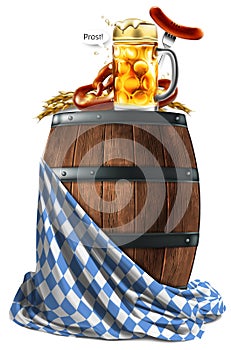 Food and drink promotional elements for the traditional Oktoberfest beer festival. Beer mug, sausage and pretzel on a wooden