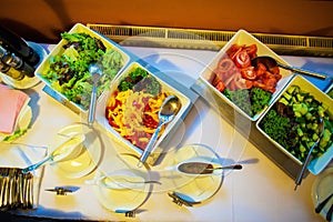 Food and drink at the restaurant. Table setting. Tasting dishes. Set of cold snacks, canape, beverages, closeup  parte meals