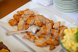 Food and drink at the restaurant. Table setting. Tasting dishes. Set of cold snacks, canape, beverages, closeup  parte meals