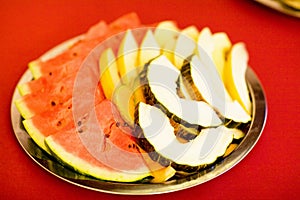 Food and drink at the restaurant. Table setting. Tasting dishes. Set of cold snacks, canape, beverages, closeup  parte meals photo