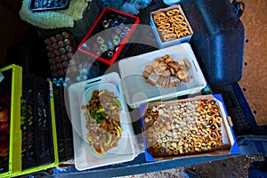 Food and drink at the restaurant. Table setting. Tasting dishes. Set of cold snacks, canape, beverages, closeup  parte meals photo