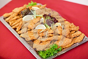 Food and drink at the restaurant. Table setting. Tasting dishes. Set of cold snacks, canape, beverages, closeup  parte meals photo