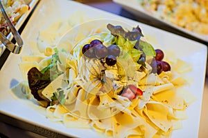 Food and drink at the restaurant. Table setting. Tasting dishes. Set of cold snacks, canape, beverages, closeup  parte meals photo