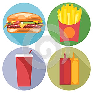 Food and drink set flat style. Burger, coke, chips, ketchup and mayonnaise