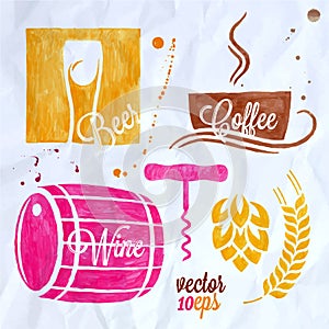 Food and drink watercolor set beer wine coffee