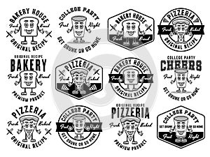 Food and drinks cartoon characters set of vector emblems, badges, labels or logos in monochrome style isolated on white
