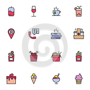 Food and drinks filled outline icons set