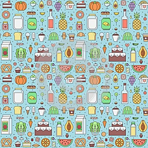 Food and drinks grocery shop outline seamless vector pattern.