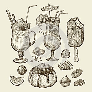 Food and drinks. Hand drawn cocktail, smoothie, pie, pasty, cake, ice lolly, sundae, milkshakes, chocolates, dessert
