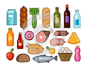 Food and drinks icons set. Grocery shopping concept. Vector illustration drawn in flat design style