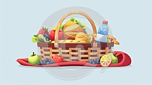 Food and drinks for picnic in the park in a basket with a rolled red blanket. Cartoon ready-to-eat meals and accessories