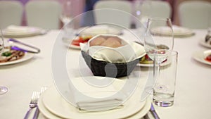 Food and drinks on a table in a restaurant at a wedding birthday anniversary celebration