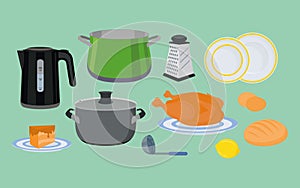 Food and drinks. Tableware. Kitchen utensils. Vector illustration