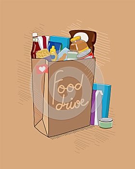 Food Drive charity vector illustration with brown paper bag with tittle and non perishable food packages. Help for people.