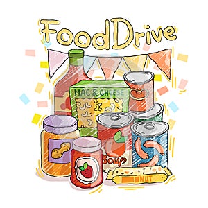 Food Drive non perishable food charity movement, badge illustrations. photo