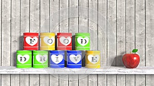 Food drive stacked cans on white wooden board