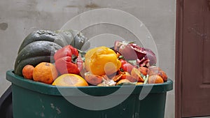 Food in the dumpster. Unsold Supermarket Food. Fresh fruits and vegetable waste