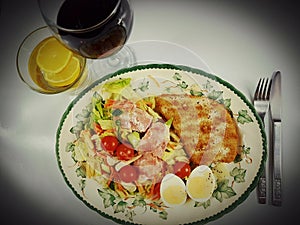 Food eggs chicken tomato salat plate redwine tea