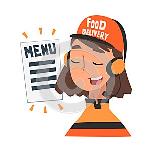 Food Express Delivery Service, Cheerful Girl Call Center Operator in Headset Accepting Order from Client Cartoon Style