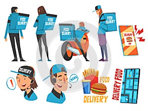Food Express Delivery Service Set, Online Ordering, Couriers Wearing Blue Uniform Carrying Backpack Boxes Cartoon Style