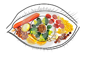 Food for eye health. Healthy food. Carrots, dried apricots, garlic, broccoli, nuts.
