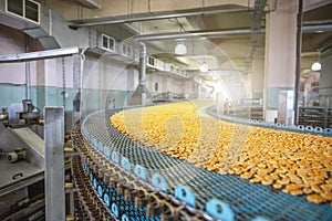 Food factory fabrication, industrial conveyor belt or line with process of preparation of sweet cookies, bakery production